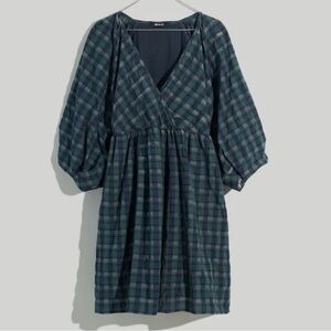 NWT Madewell Marianna Puff Sleeve Mini Dress in Forest Plaid Size Medium